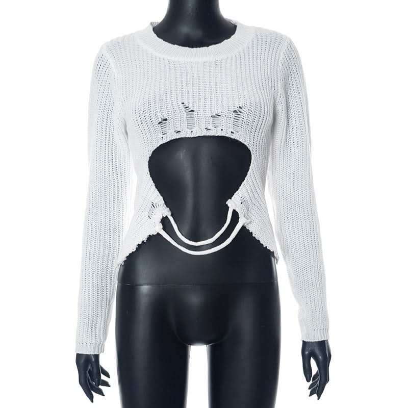 Long sleeve hollow out crewneck knitted cut out top