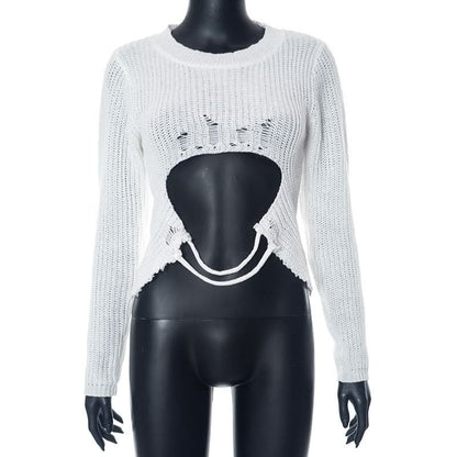 Long sleeve hollow out crewneck knitted cut out top