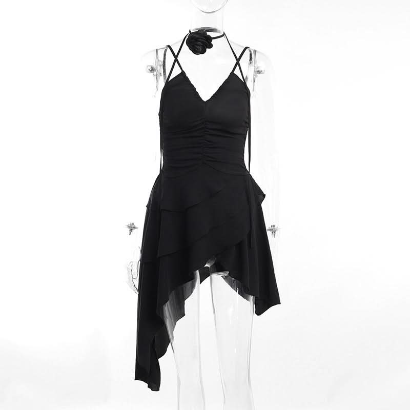 Ruched v neck irregular backless cami mini dress
