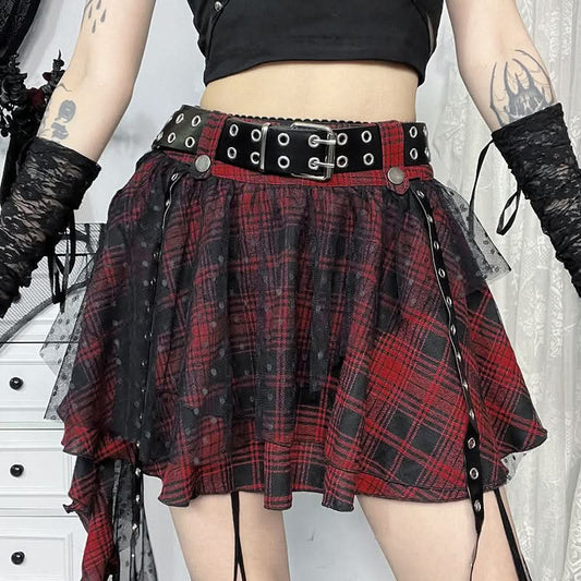 Plaid mesh irregular zip-up A line mini skirt