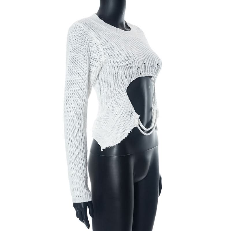 Long sleeve hollow out crewneck knitted cut out top