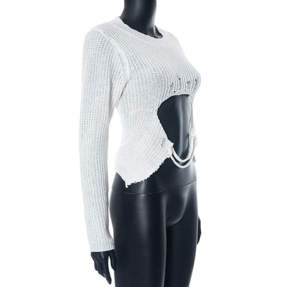 Long sleeve hollow out crewneck knitted cut out top