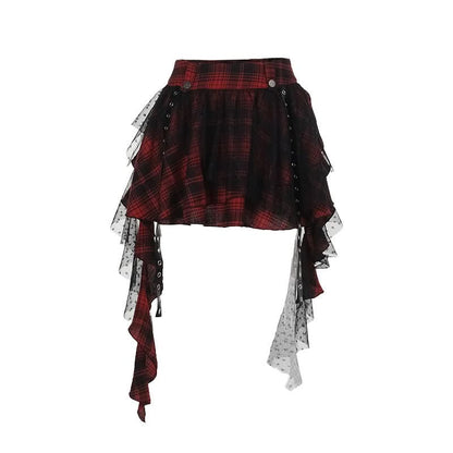 Plaid mesh irregular zip-up A line mini skirt