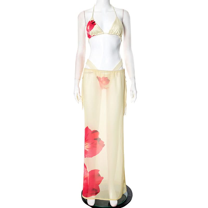 Halter self tie v neck print 3 piece maxi skirt set