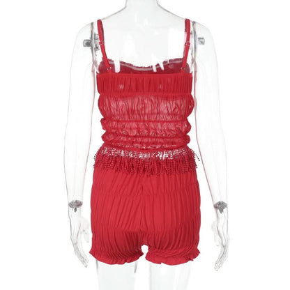 Ruffle ruched mesh tassels solid cami pant set