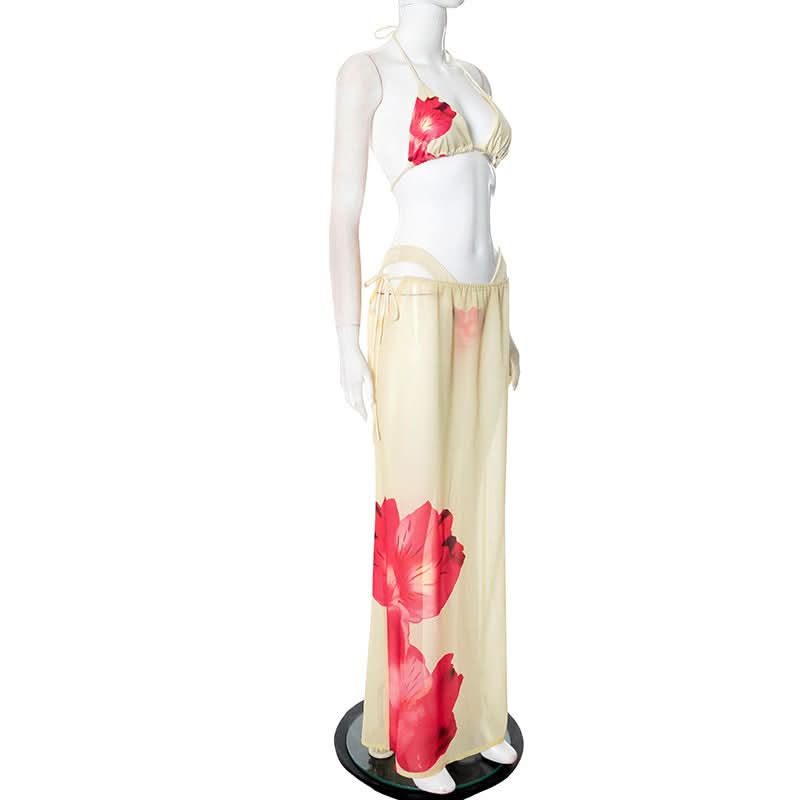 Halter self tie v neck print 3 piece maxi skirt set