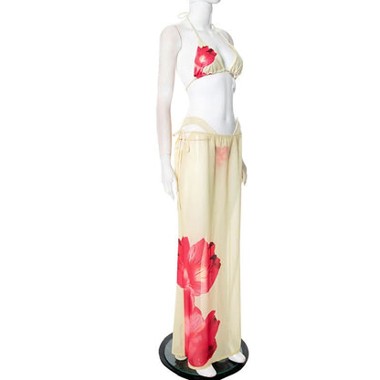 Halter self tie v neck print 3 piece maxi skirt set