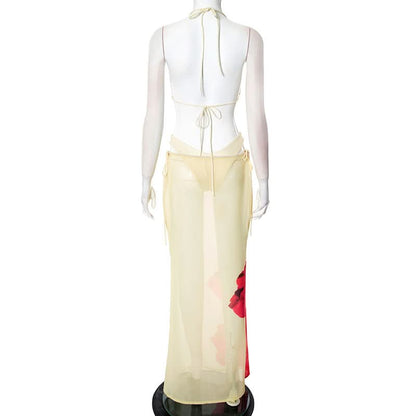 Halter self tie v neck print 3 piece maxi skirt set