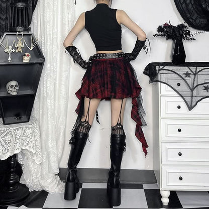 Plaid mesh irregular zip-up A line mini skirt