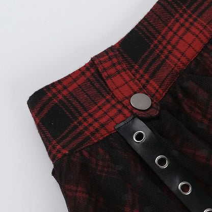 Plaid mesh irregular zip-up A line mini skirt