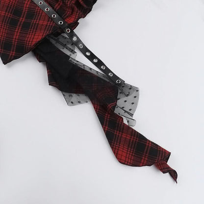 Plaid mesh irregular zip-up A line mini skirt