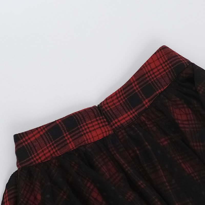 Plaid mesh irregular zip-up A line mini skirt
