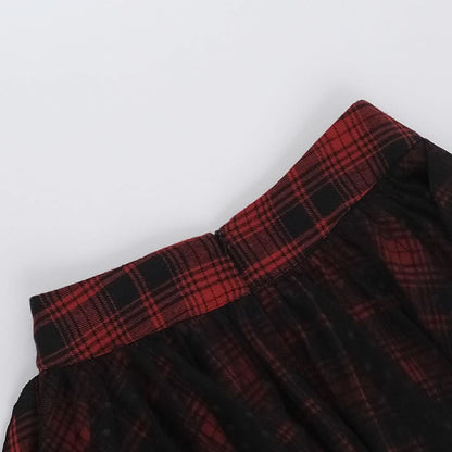 Plaid mesh irregular zip-up A line mini skirt