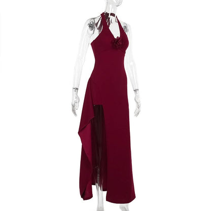 Slit halter self tie flower applique zip-up maxi dress