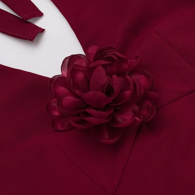 Slit halter self tie flower applique zip-up maxi dress