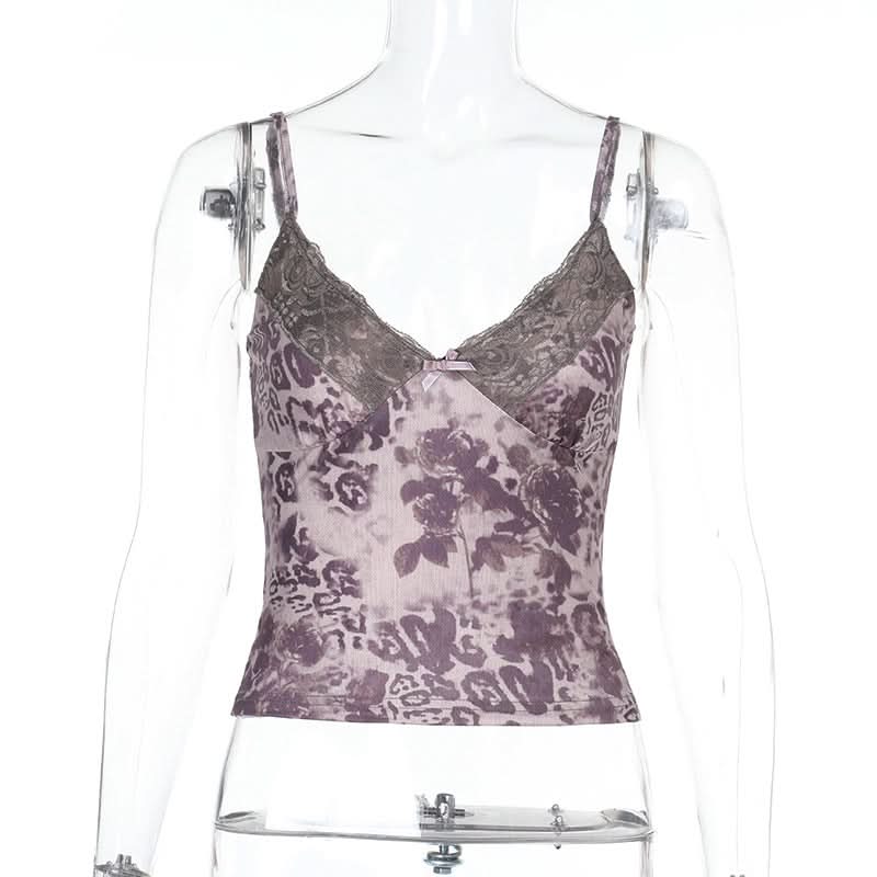 Lace hem v neck bowknot print cami top