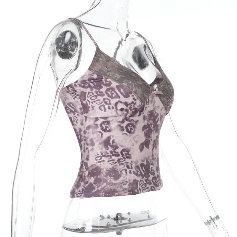 Lace hem v neck bowknot print cami top