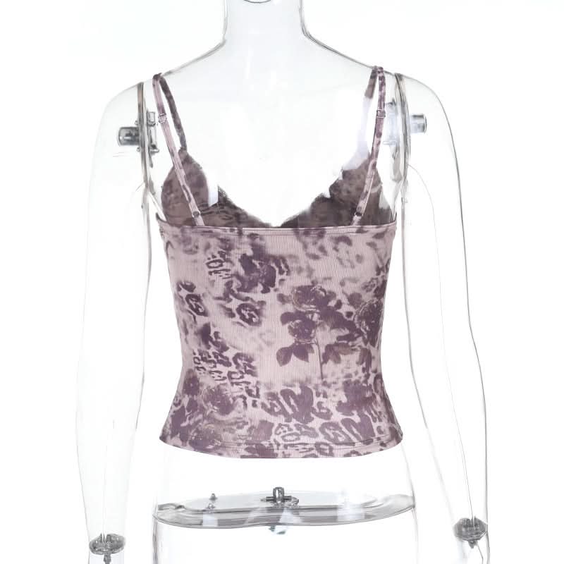 Lace hem v neck bowknot print cami top