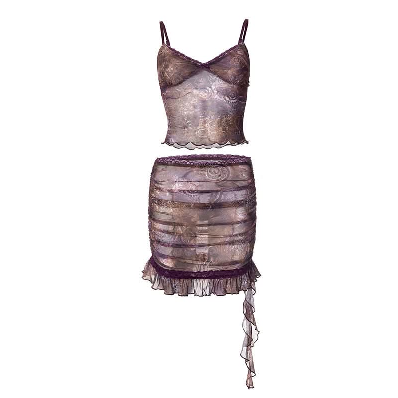 Ruffle v neck ruched print cami mini skirt set