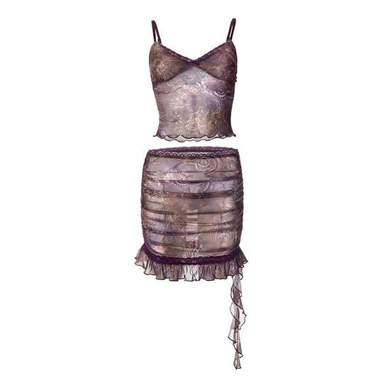 Ruffle v neck ruched print cami mini skirt set