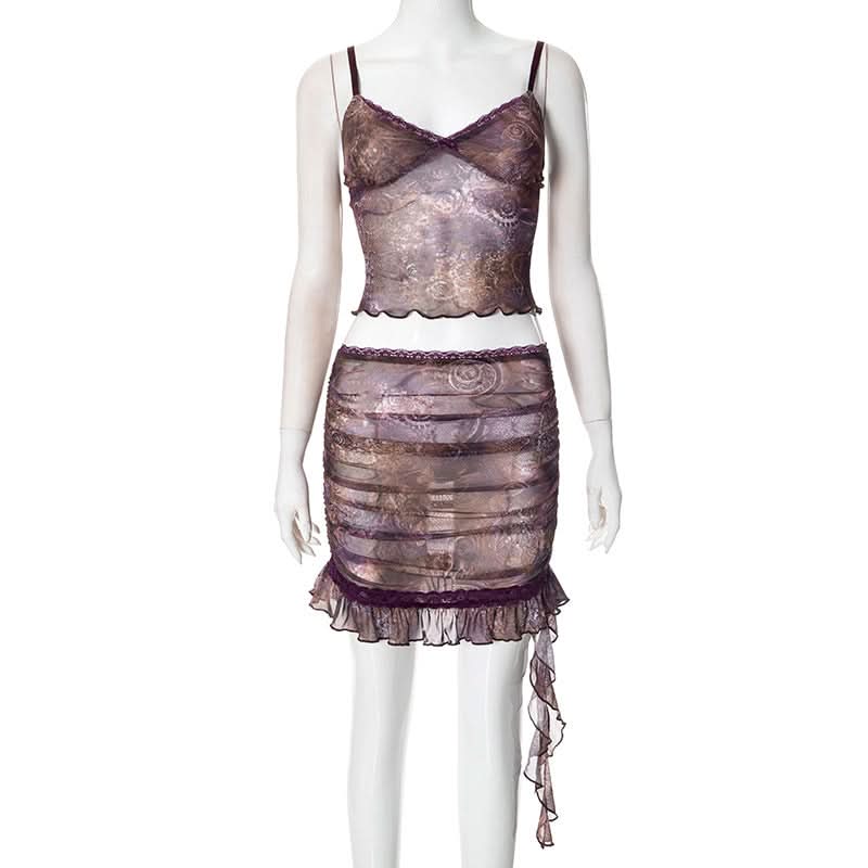 Ruffle v neck ruched print cami mini skirt set