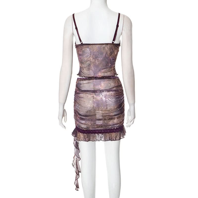 Ruffle v neck ruched print cami mini skirt set