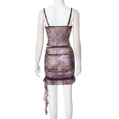 Ruffle v neck ruched print cami mini skirt set