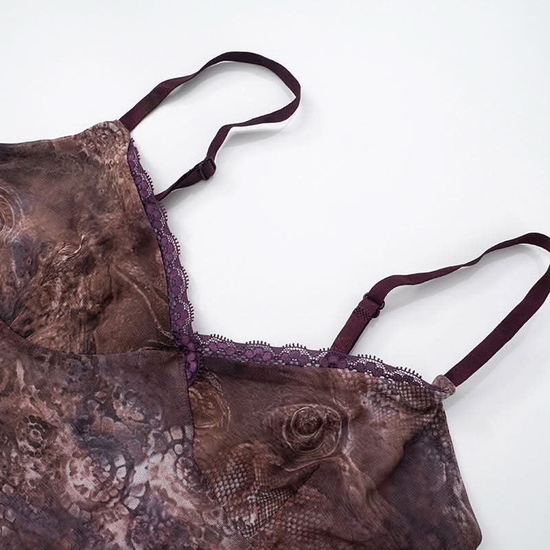 Ruffle v neck ruched print cami mini skirt set