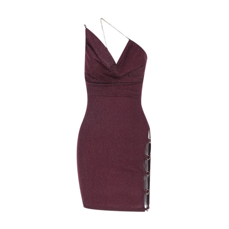 Cowl neck hollow out o ring metal chain cami cut out mini dress
