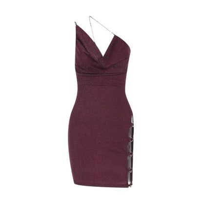 Cowl neck hollow out o ring metal chain cami cut out mini dress