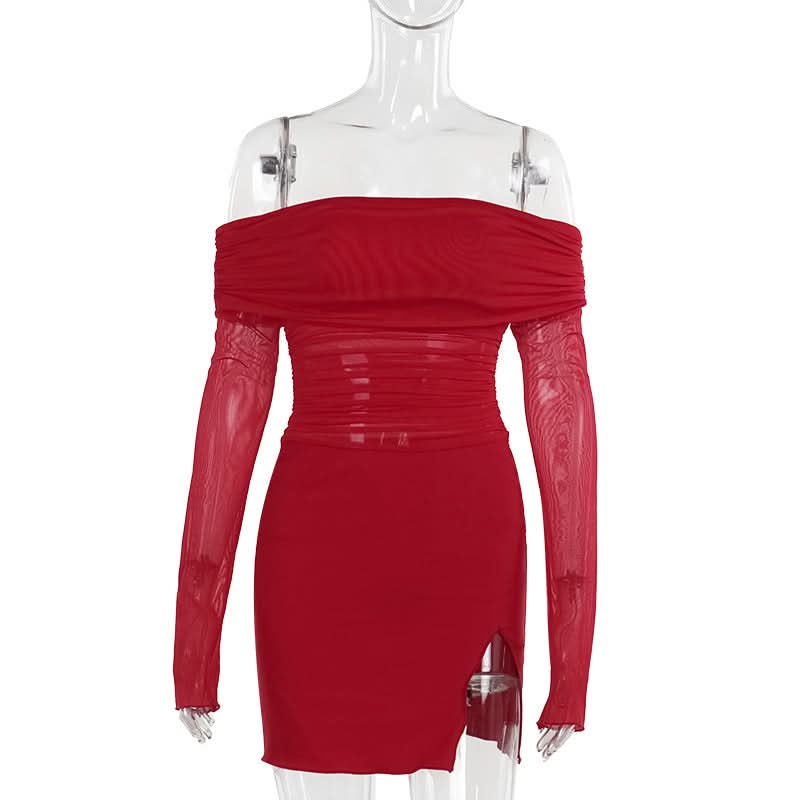 Off shoulder long sleeve slit mesh ruched mini dress