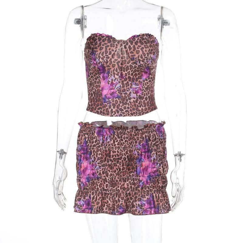Leopard print ruched sweetheart neck tube mini skirt set