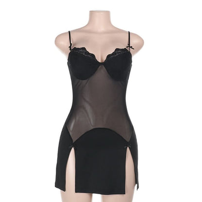 Bowknot v neck lace hem slit cami mini dress