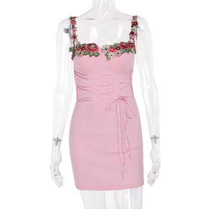 Self tie flower applique square neck cami mini dress