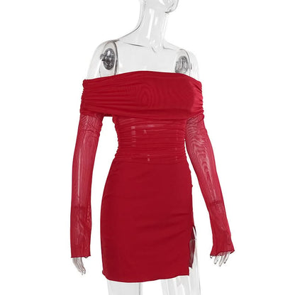 Off shoulder long sleeve slit mesh ruched mini dress