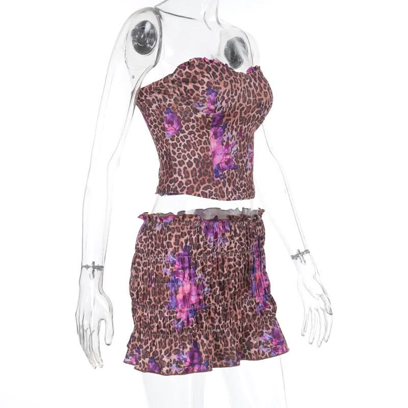 Leopard print ruched sweetheart neck tube mini skirt set