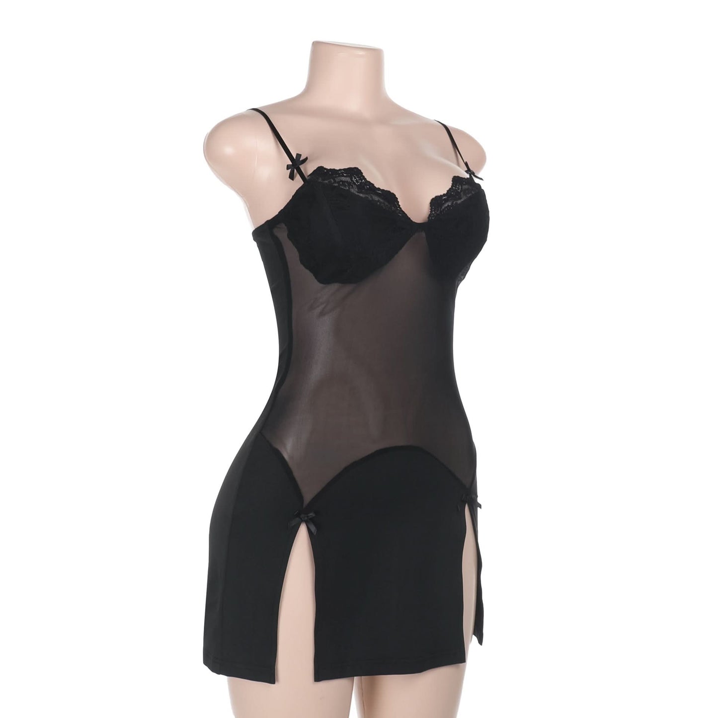 Bowknot v neck lace hem slit cami mini dress