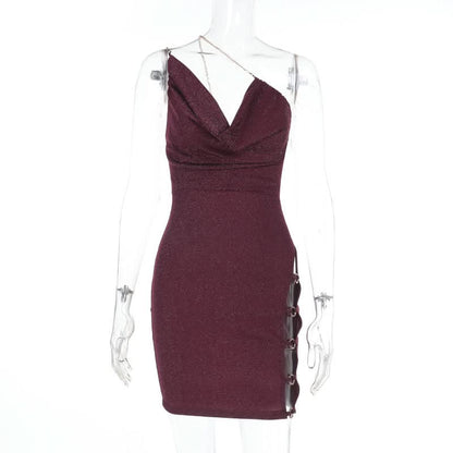 Cowl neck hollow out o ring metal chain cami cut out mini dress