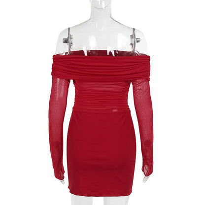 Off shoulder long sleeve slit mesh ruched mini dress