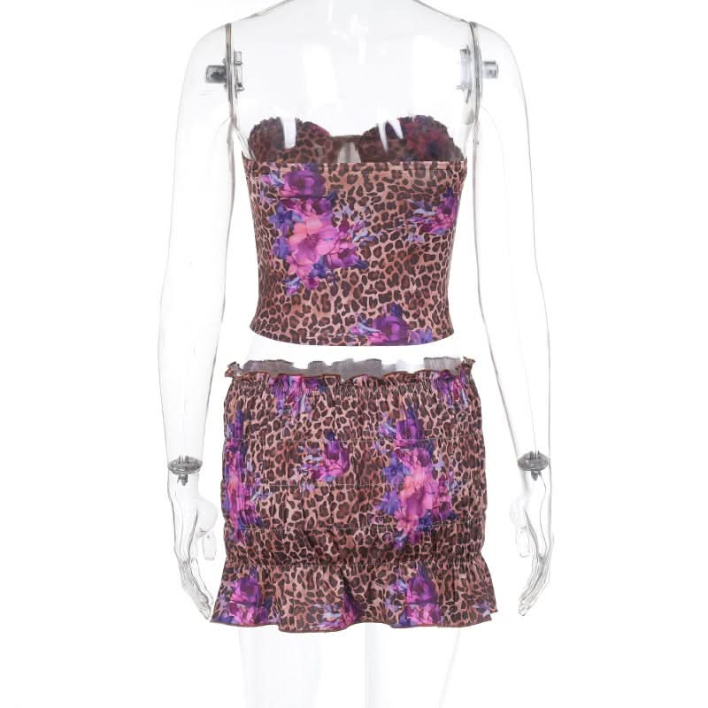 Leopard print ruched sweetheart neck tube mini skirt set