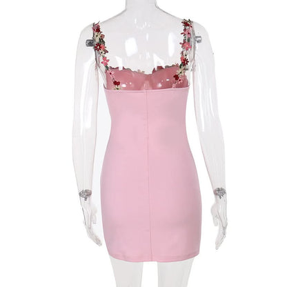 Self tie flower applique square neck cami mini dress