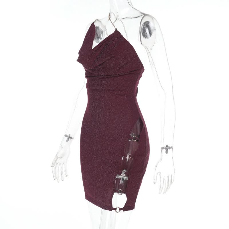 Cowl neck hollow out o ring metal chain cami cut out mini dress