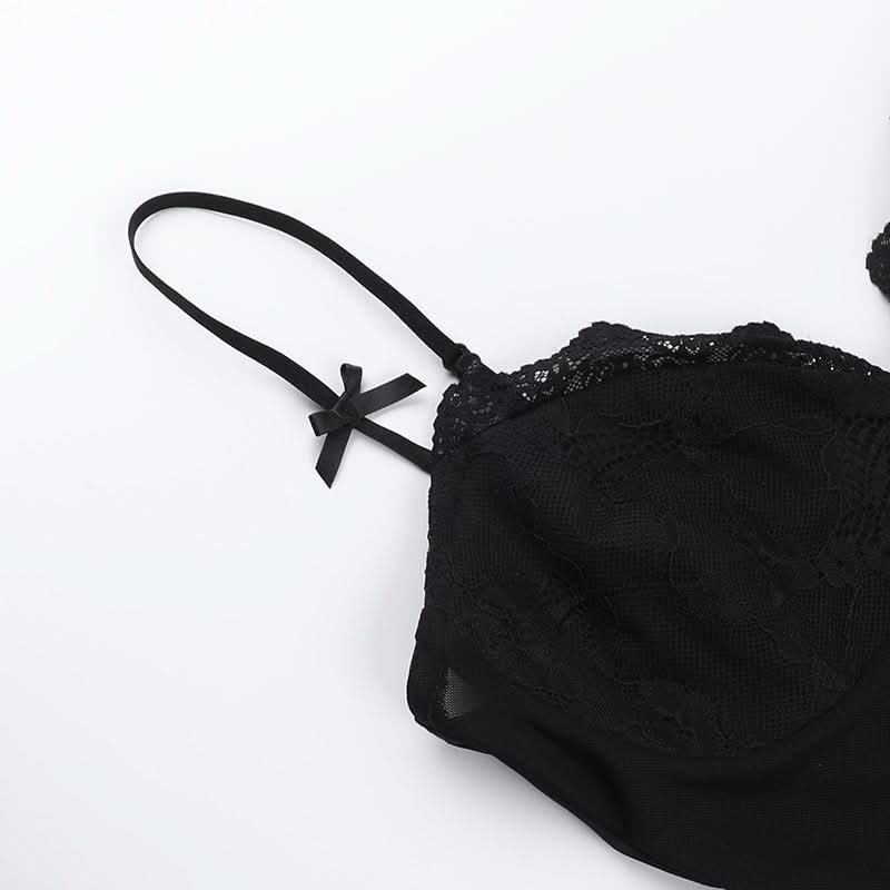 Bowknot v neck lace hem slit cami mini dress