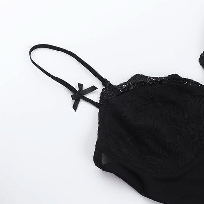 Bowknot v neck lace hem slit cami mini dress