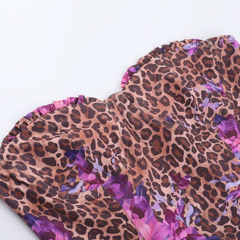 Leopard print ruched sweetheart neck tube mini skirt set