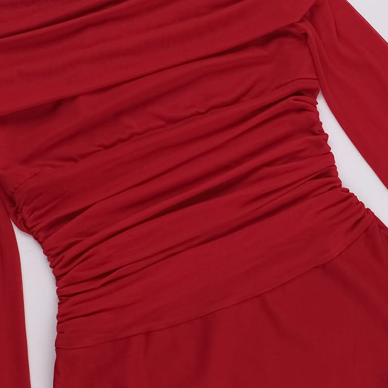 Off shoulder long sleeve slit mesh ruched mini dress