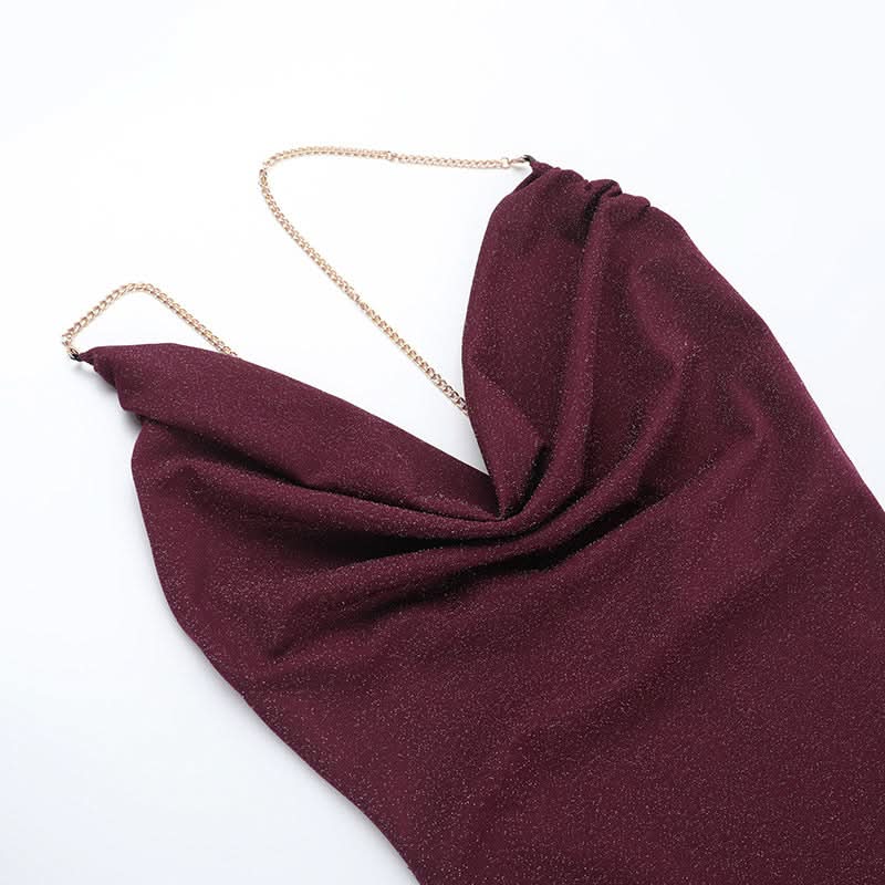 Cowl neck hollow out o ring metal chain cami cut out mini dress