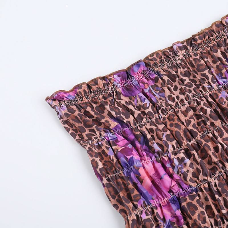 Leopard print ruched sweetheart neck tube mini skirt set