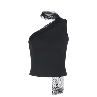 Irregular one shoulder lace solid top