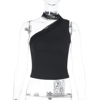 Irregular one shoulder lace solid top